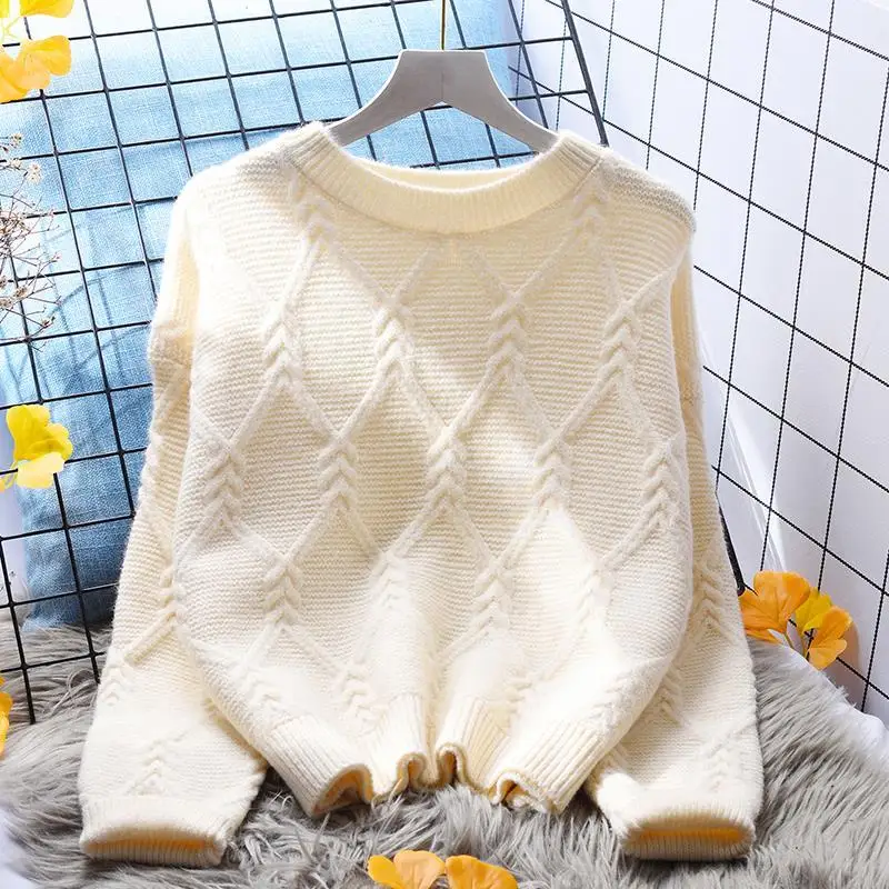 

Fashion Striped Diamond Solid Color Knitted Sweater Women 2022 Korean Version Of The Fall/winter Loose Round Neck Pullover Top