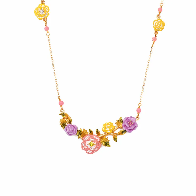 

European and American Popular Personality Pink Flower Women's Necklace Jewelry Hand-painted Enamel Glaze Fine Clavicle Chain