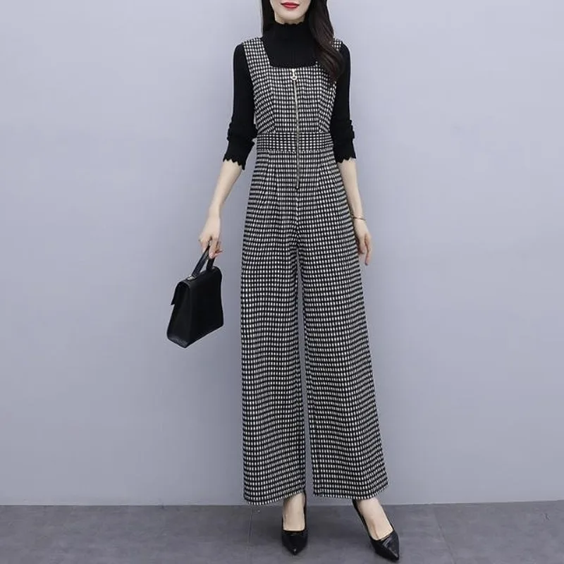 Women 2021 Autumn Winter New Plaid High Waist Pants+long Sleeves Tops Tracksuits Female Fashion Loose Overalls Jumpsuits E11