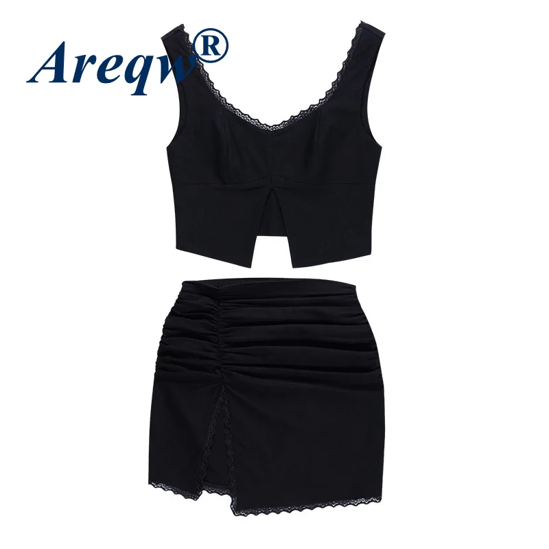 

2021 Summer New Lace Split Bag Hip Skirt Vest Suit Women