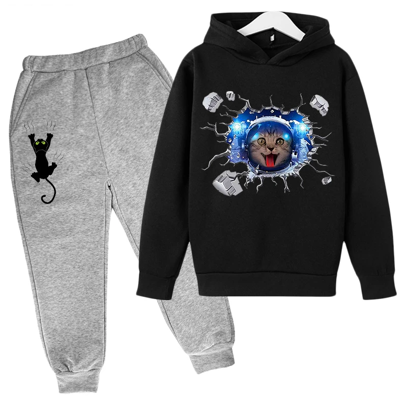 

Children Spring Cotton Space Cat Casual Two Piece Set Boys And Girls Outdoor Sport Suit Teen Running Hoodie Pullover Street Coat