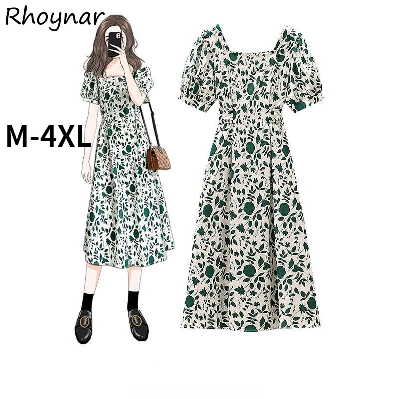 

Dress Women Young Fashion Girlish Printed Green Square Collar French Style Midi Vestdio Chic Summer Holiday Retro Female Lace-up