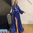 UZN Темно-синие ТРАПЕЦИЕВИДНОЕ атласное платье для выпускного вечера с круглым вырезом длинное платье с рукавами-фонариками платье на выпускной Сексуальная Высокая Разделение вечерние платье Vestido De Noche