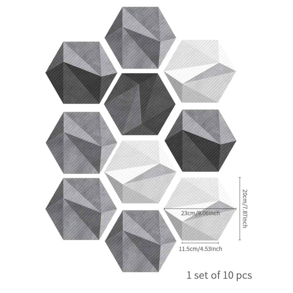 

10Pcs 3D Hexagon Floor Sticker Self-adhesive Abstract Wall Sticker for Bath Waterproof Anti-Slip Tile Decals Black White Gray