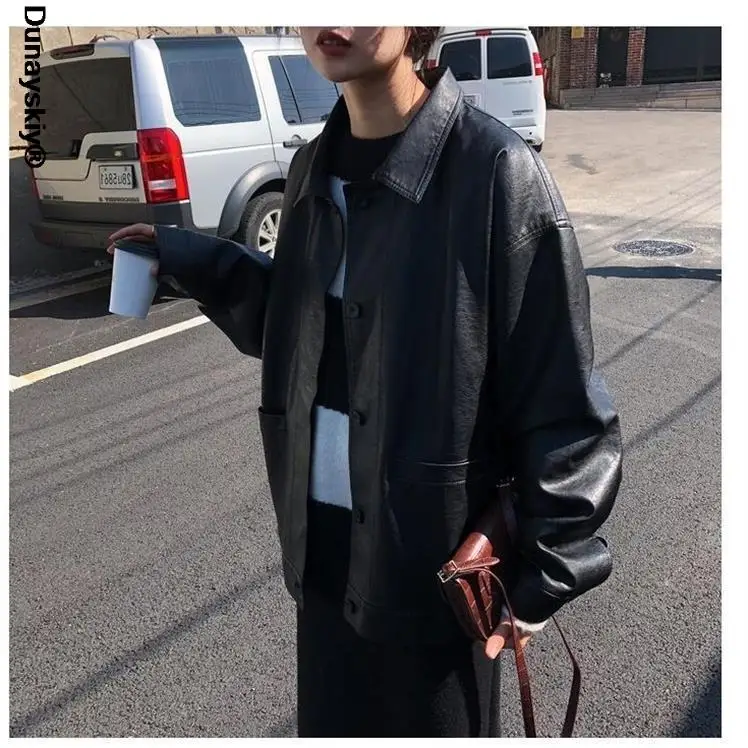 

Winter Black Leather Jacket Women Korean Thin Loose Jacket Female 2021 Spring Fashion Streetwear Lady Outerwear Coats