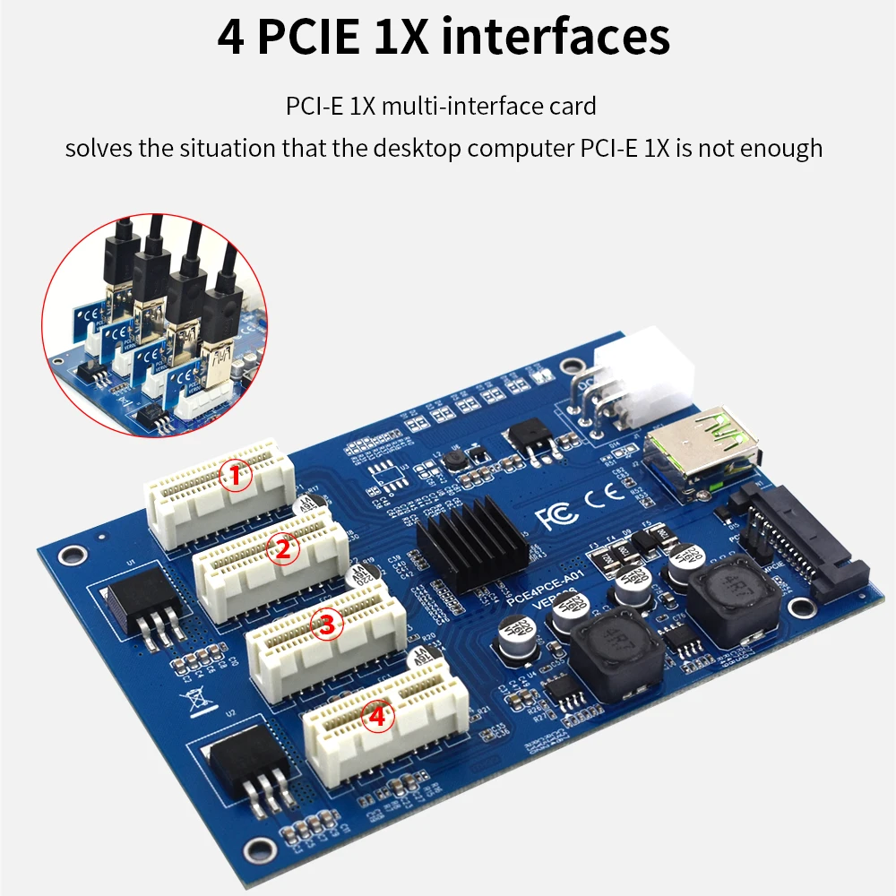 Плата адаптера TISHRIC PCI Express мультипликатор PCIE 1X на 4 порта 1x поддержка SATA 15 pin + 6pin
