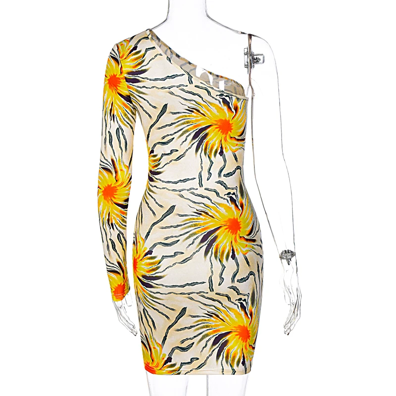 

hirigin 2021 Floral Vintage Print One Sleeve Cut Out Bandage Sexy Mini Dress Autumn Winter Women Fashion Streetwear Outfits