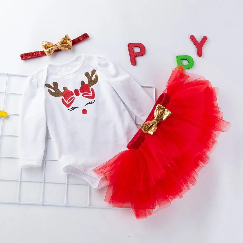 Рождественский комплект одежды для маленьких девочек боди с принтом оленя юбка