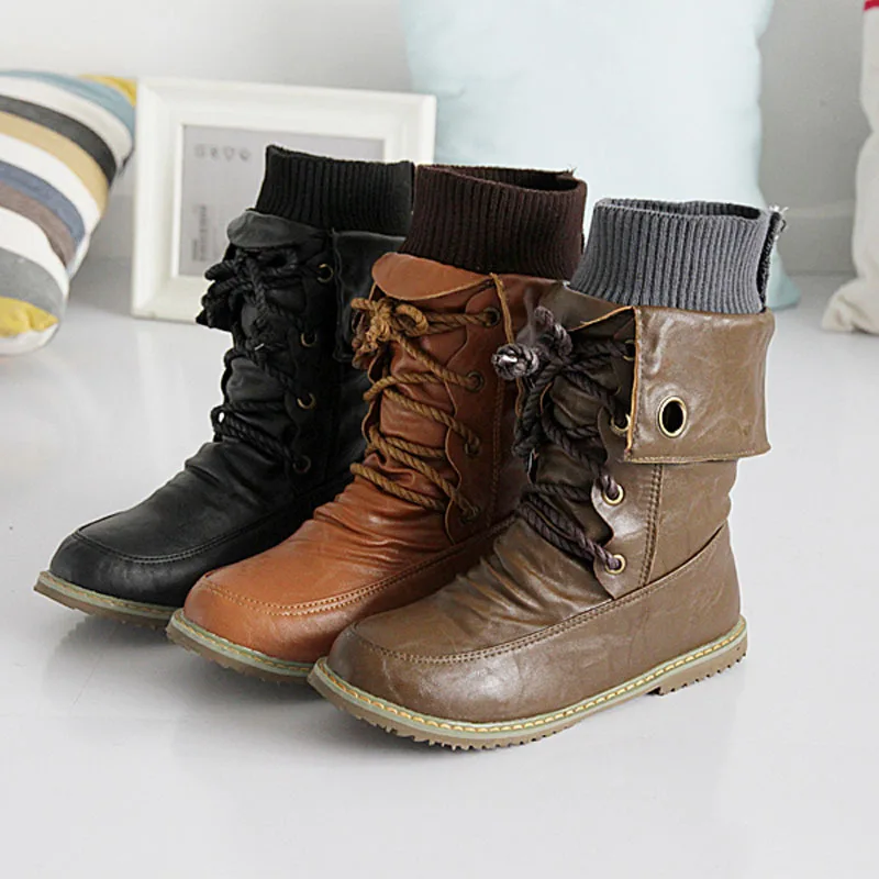 

Woman Hot Selling Fashion Boots Cross Strap Elastic Fabric Round Toe Sexy Mid-Calf Leather Lace up Flat Martin Boots