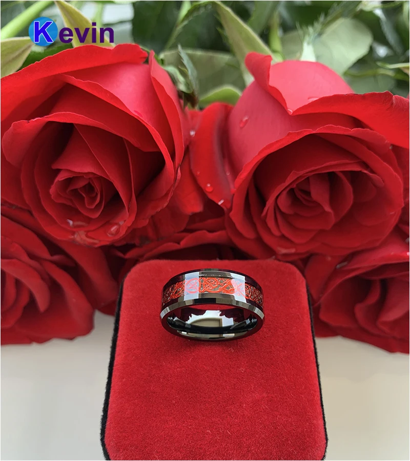 Mens Womens Engagement Wedding Rings Tungsten Ring With Black Carbon Fiber And Red Dragon Inlay | Украшения и аксессуары