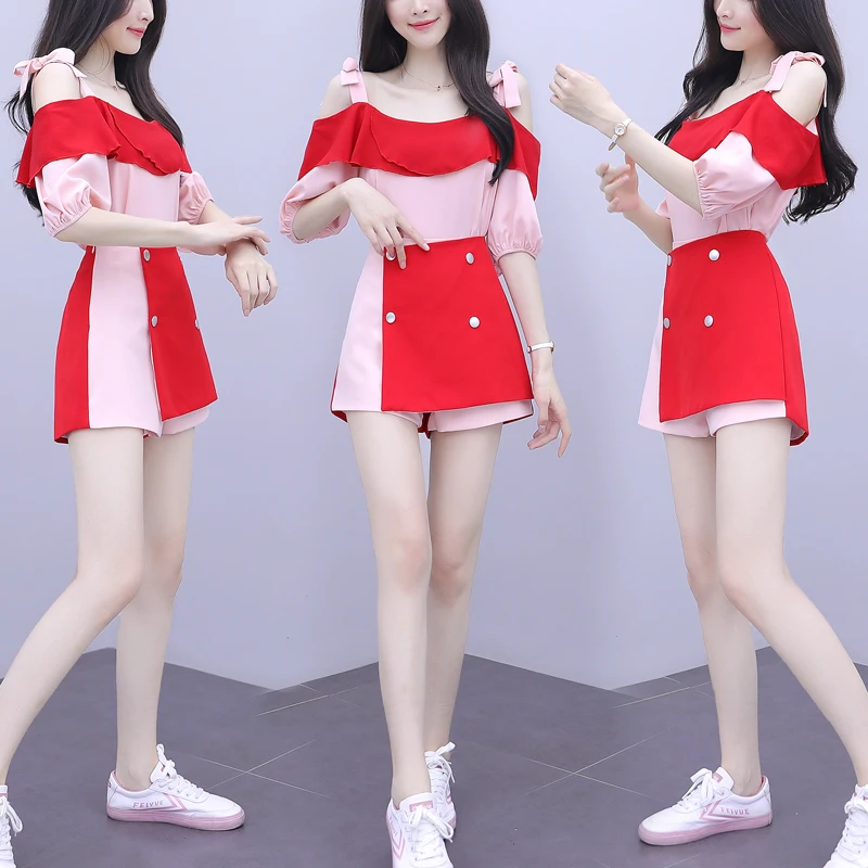 Женские костюмы из 2 предметов корейский стиль Топ и повседневная юбка шорты