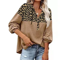 womens spring and autumn long sleeved pullover casual loose leopard print stitching top drawstring hooded warm sweater