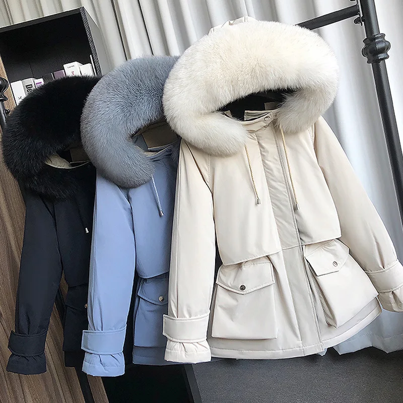 Large Natural Raccoon Fox Fur Hooded Winter Down Coat Women 90% White Duck Down Jacket Thick Warm Parkas Female Outerwear