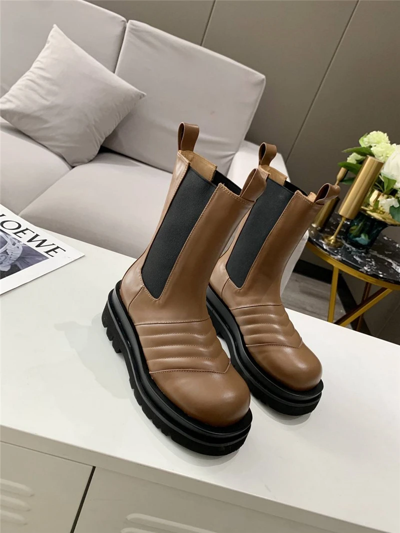 

Wrinkle Chelsea Boots Women combat Ankle boots Geniune Leather Thick Platform Women Boots Runway Thigh High Boots Winter Autumn
