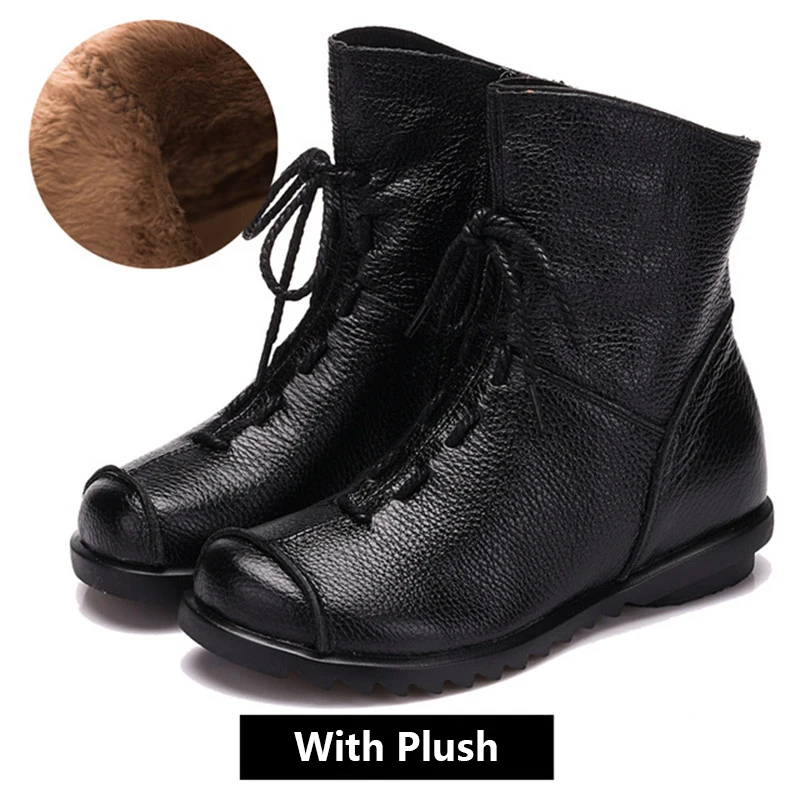 Black Plush UPUPER Genuine Leather Women's Shoes Handmade Moccasins Shoes Women Booties High Quality Winter Shoes Warm Leather Ankle Boots - Цвет: Black Plush