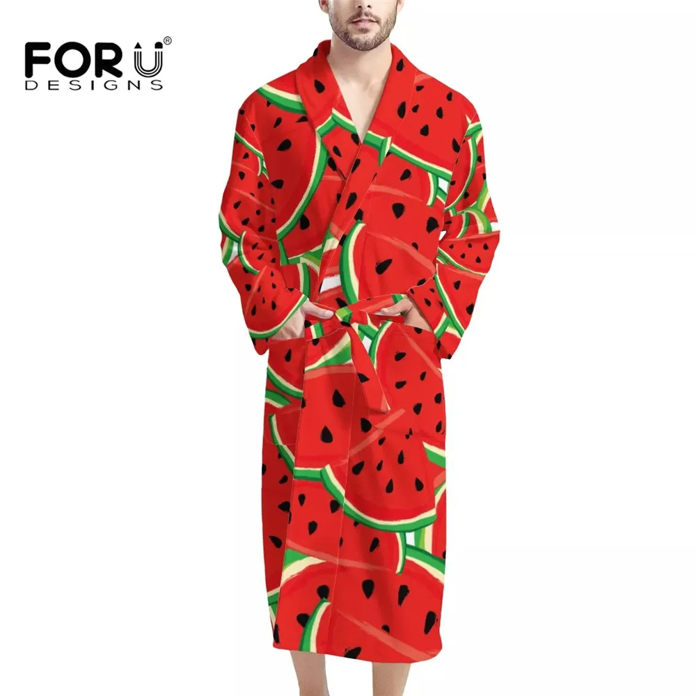 

FORUDESIGNS Male Cute Watermelon Print Soft Flannel Bathrobes Belt Pajamas Dressing Gown Kimono Plush Fluffy Housecoat Халаты