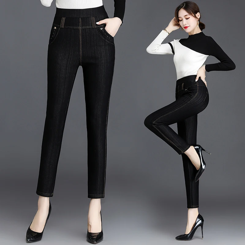 

Женские весенне-зимние теплые штаны, бархатные плотные брюки с высокой талией, эластичные, имитация джинсовой ткани среднего возраста, женс...