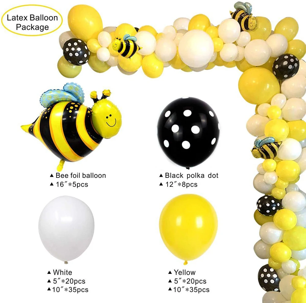 Kit de arco de guirnalda de globos de abeja, 123 unids/lote de lunares amarillos, blancos y negros, para Celebraci&oacute;n de beb&eacute;, reconocimiento de g&eacute;nero, cumplea&ntilde;os, fiesta del D&iacute;a de las abejas-1