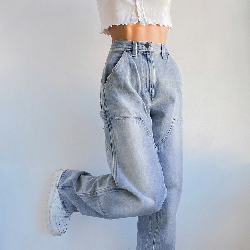 

High Waist Jeans Women'S Straight Pants Mom Baggy Pockets Patchwork Long Trousers Female Streetwear Casual Korean