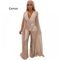 women new hot drilling sequined cloak long sleeve open back deep v neck bodycon night party jumpsuits sexy club rompers