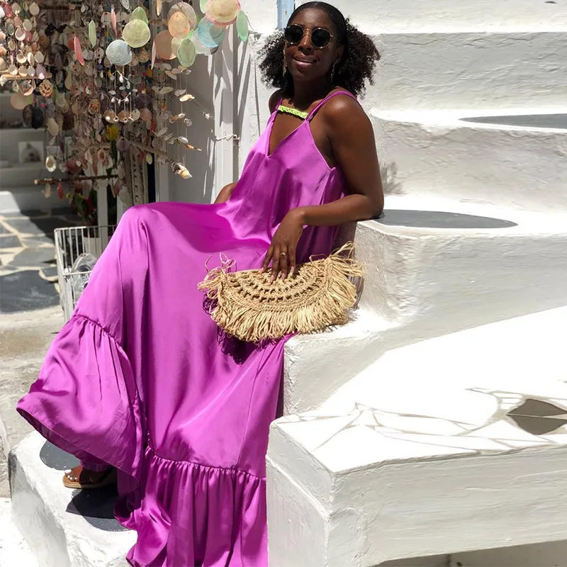 

Large Size Women 2021 Summer Sleeveless V-neck Satin Silk Dresses Elegant Ruffles Solid Camis Casual Loose Party Dress 5XL Plus