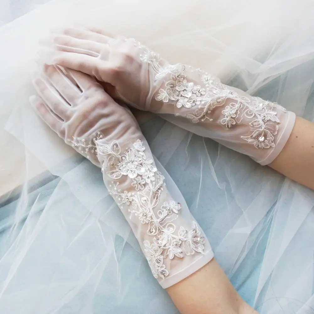 

Wedding Dress With Gloves Sequins Beaded Gant Mariage Femme Appliques Lace Party Sheer Tulle Gloves Full Finger Bridal Gloves