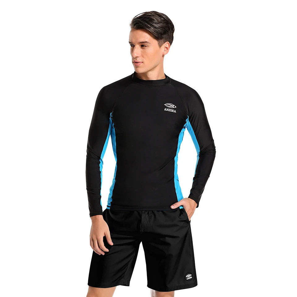 AXESEA Men Rash Guard Patchwork Swimwear Long Sleeve Rashguard Sun Protection Swimsuit Surfing Shirt Top UPF50+ Sport Beachwear