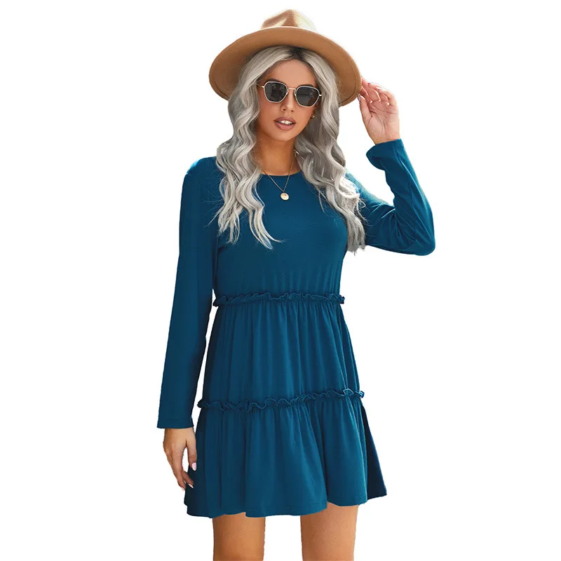 

European and American autumn and winter dress women's new large size solid color medium long skirt V-Neck long sleeve