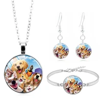 dog collect selfies in the animal circle cabochon glass necklace stud earrings bracelet bangle set totally 4pcs jewelry set gift