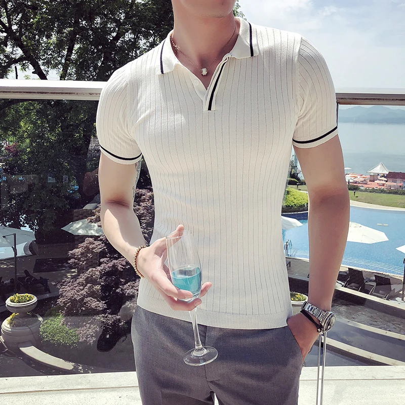 

2021 Summer New Style Boutique Fashion Striped Men's Lapel Short-sleeved POLO Shirt Knitted High-end Brand Slim Male Polo Shirt
