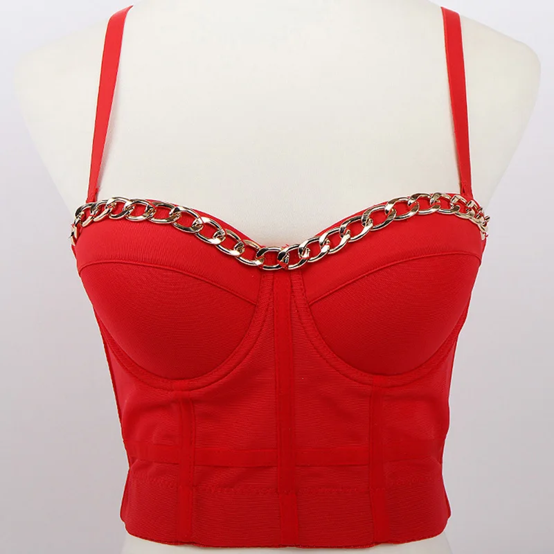 

Ins Metal Chains Beading Crops Tops Bra Ballroom Costume Stage Party Club Push Up Bustier Crop Tops Corset Bralette Tops DB1016