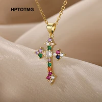 vintage colored zircon cross pendant necklace for women men goth cross choker chain necklace jewelry christmas gifts one piece
