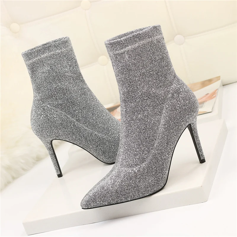 

2019 Autumn Luxury Women New Bling Stretch Fabric Sock Boots Thin High Heels Stiletto Boots Winter Fashion Ankle Boots Big Size