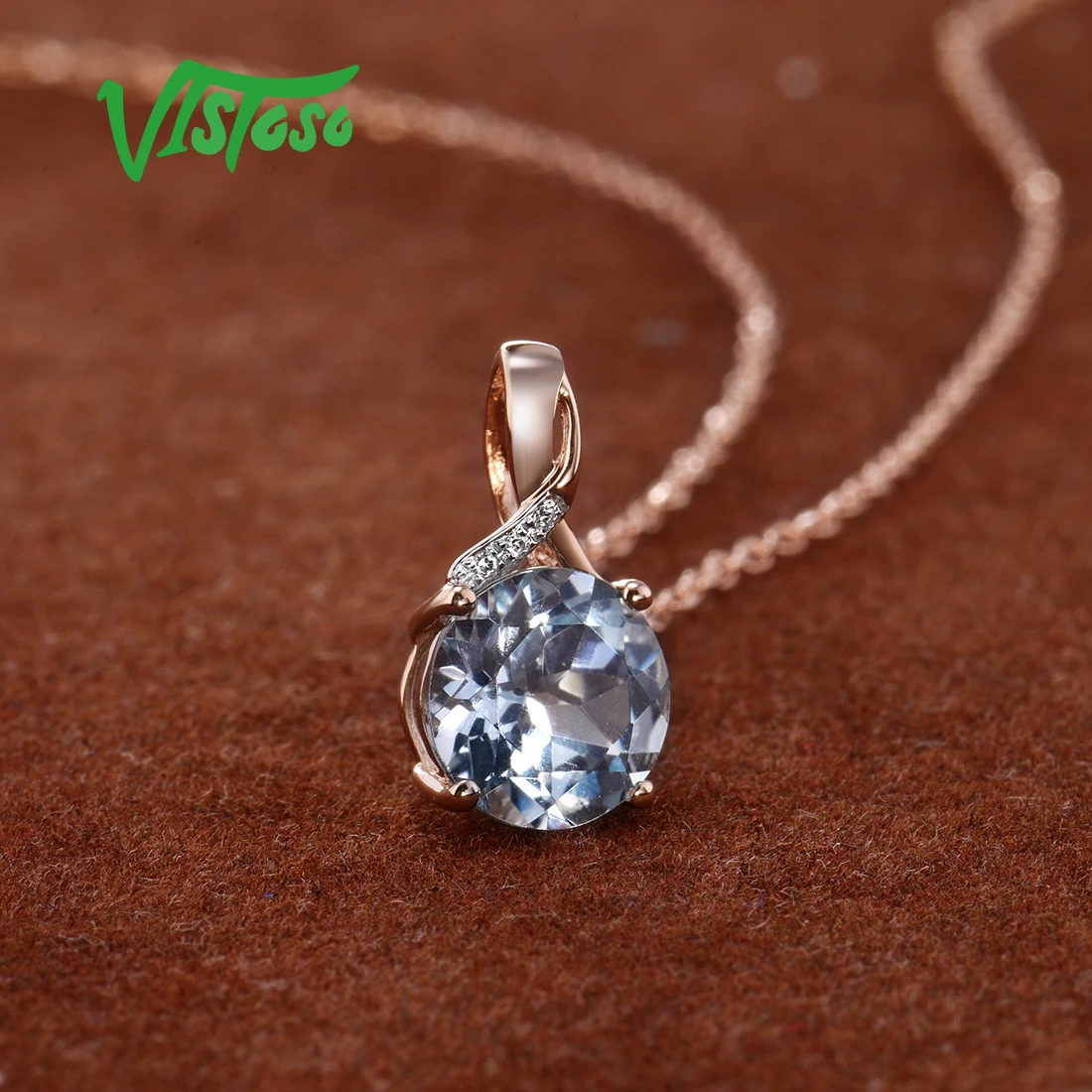 VISTOSO, Золотая подвеска для женщин, настоящая, 14 к, 585, розовое золото, сияющий голубой топаз, сверкающий бриллиант, подвеска, тонкое, хорошее ювелирное изделие
