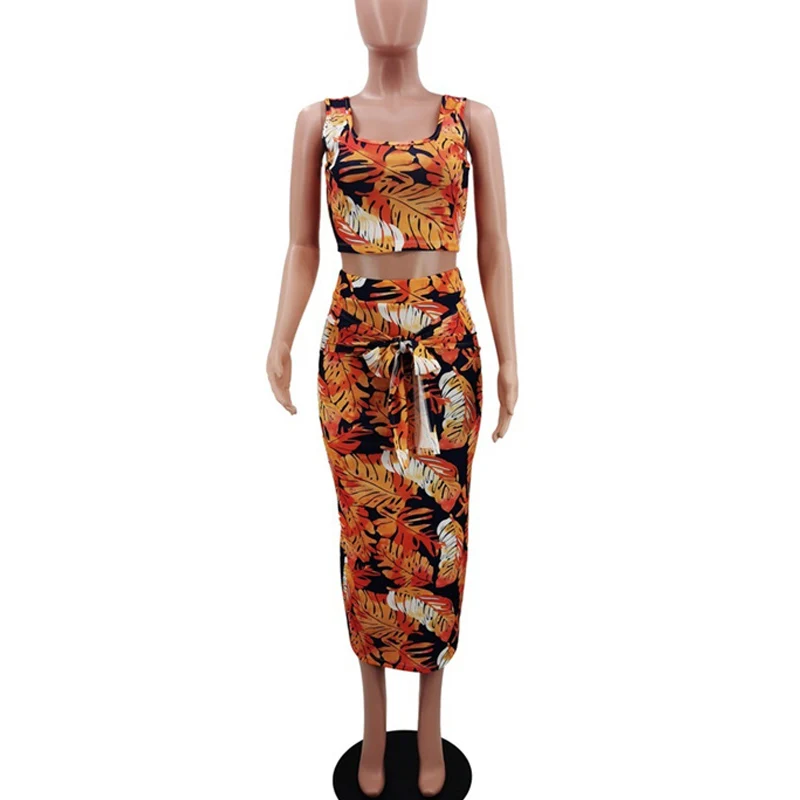 

Orange Leaves Print Two Piece Set Sleeveless Tank Crop Top and Laced Up Midi Dress Set Summer Women Club Slim Bodycon Dresses