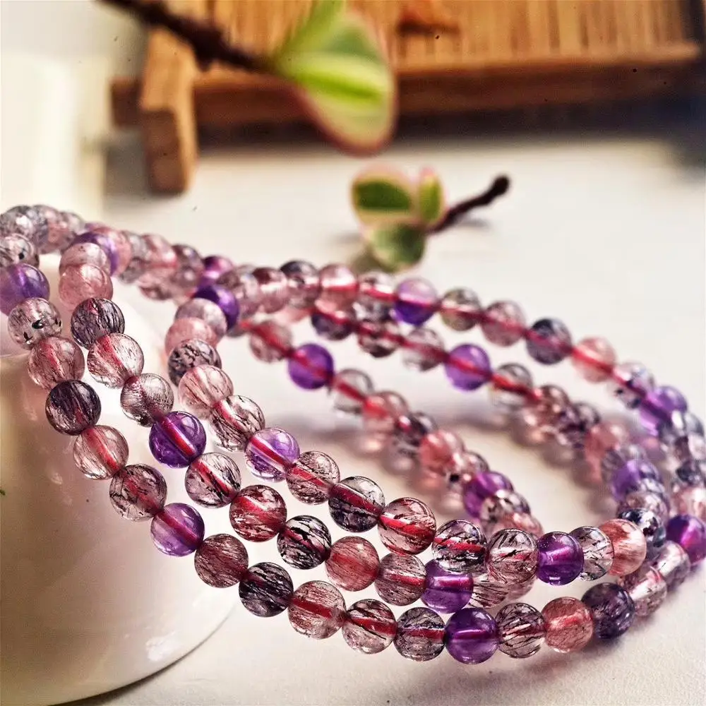 

5.2mm Natural Super Seven 7 Purple Rutilated Quartz Crystal Bracelet Women 3 Laps Round Beads Genuine AAAAA