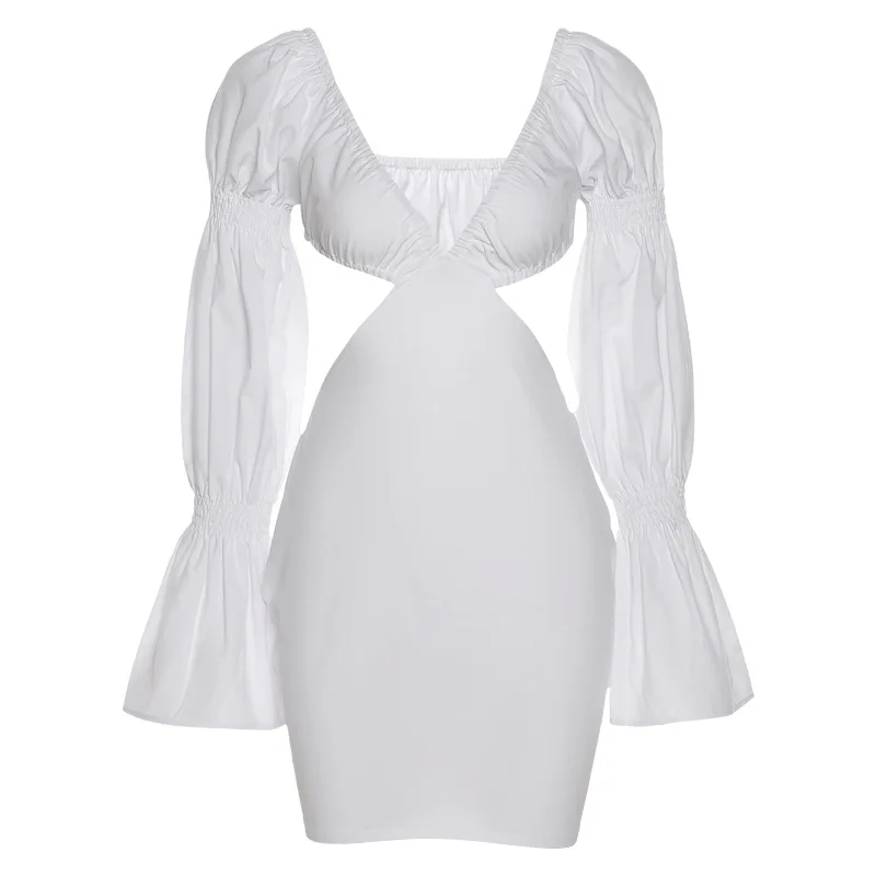 

FAKUNTN Autumn White Dress Women 2021 Fashion Hollow Sexy V Neck Backless Flared Long Sleeve Casual Party Mini Dresses Vestidos