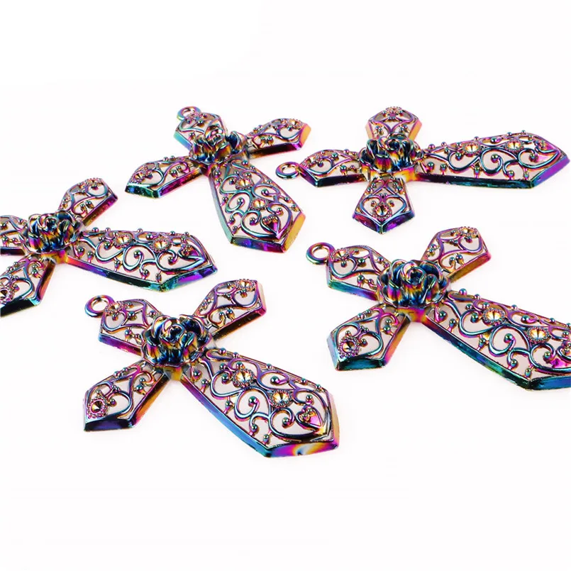 

2pcs Rainbow Color Cross Big Flower Hollow Carved Pendant Charms for Necklace Jewelry DIY Accessory Making Handmade