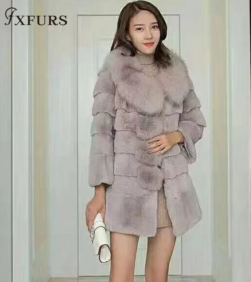 2020FXFURS New Winter Warm Rex Rabbit Fur Coats with Fox Fur Collars/Stripes Women Real Fur Jackets Long Overcoat Causal Russian