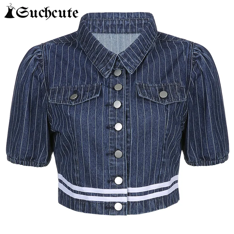 

SUCHCUTE Striped Jean Jacket Short Sleeve Women Buttons Tops Korean Casual Vintage Streetwear Female Coat Harajuku Denim Jacket