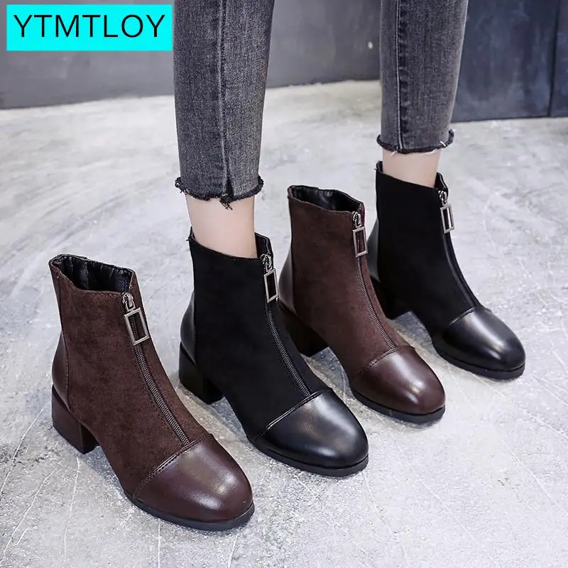 Black Brown Western Ankle Boots Women PU Leather High Heel Booties Heels Short Motorcycle Shoes Ankle Boots For Women
