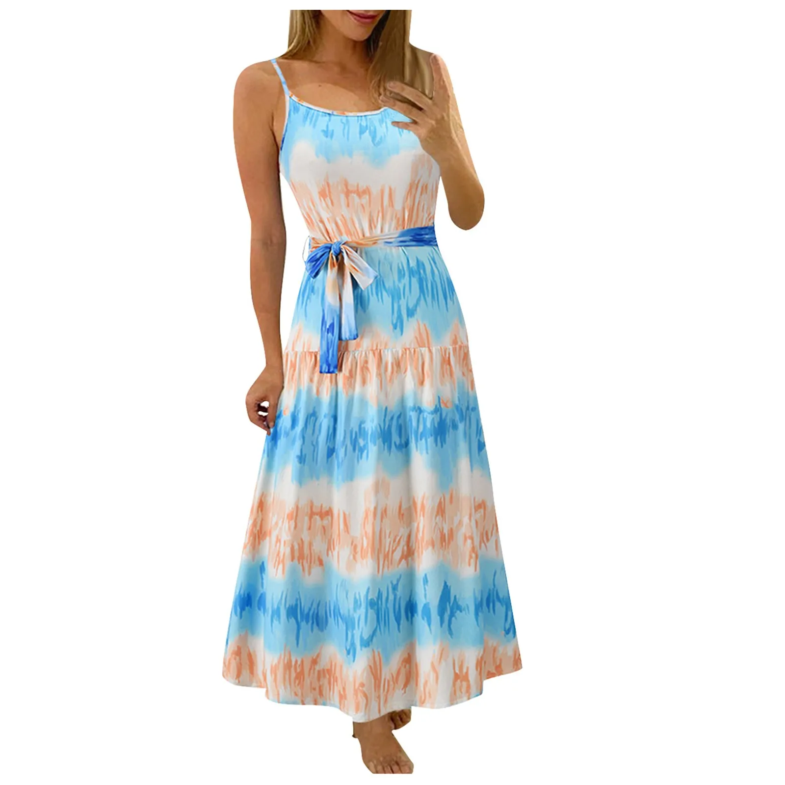 

Women's Dress Sling Strap Dresses Sexy Summer Sleelveless Dress Tie-dye Print Party Dress With Halter Robe Femme Vestidos#0220
