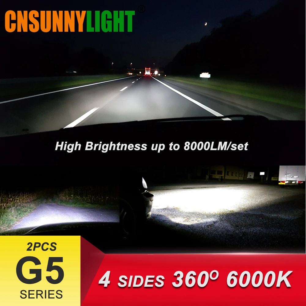 Cnsunny светильник 8000Lm G5 4 стороны 360 градусов светодиодный H4 H7 H11 9006/HB4 9005/HB3 COB автомобилей головной светильник накаливания 60 Вт постоянного тока 12В противотуманные светильник 6000K
