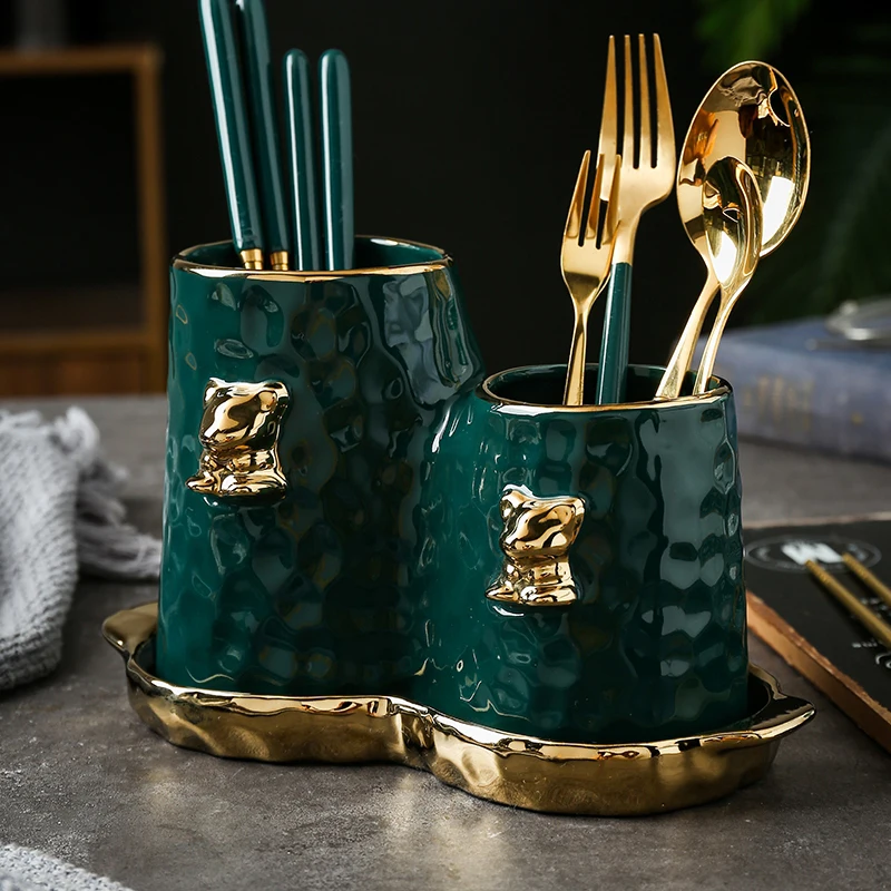 

Nordic Ceramic Emerald Chopsticks Tube Kitchen Knife Fork Spoon Storage Jar Simple Home Luxury Phnom Penh Chopsticks Cage Drain
