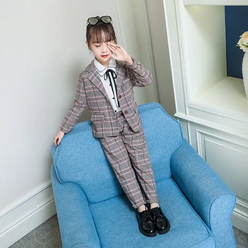 Блейзер для девочек подростков костюм детей модная клетчатая куртка + брюки
