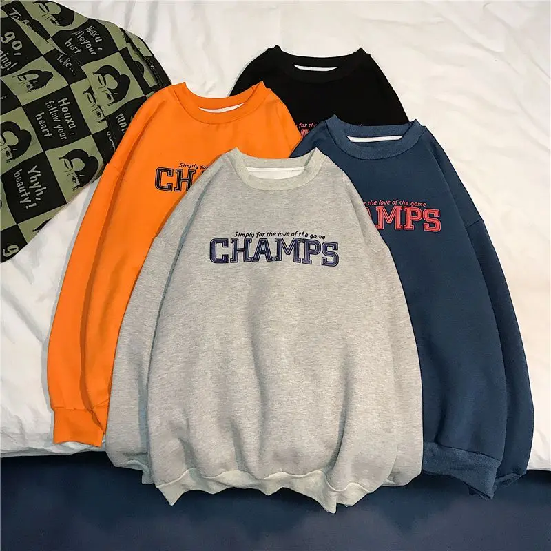 

Korean simple letters plus velvet sweatshirt men's loose print O-neck long-sleeved trend Hong Kong style autumn winter hoody yop