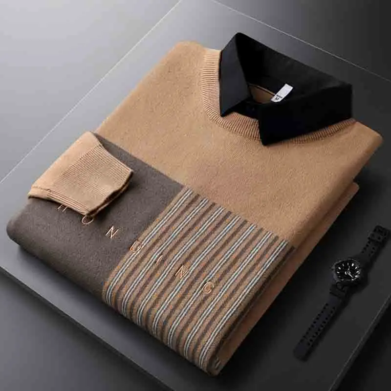 

Autumn and winter khaki sweater men's self-cultivation trend yarn-dyed stripes thickened warm shirt collar fake two-piece tops