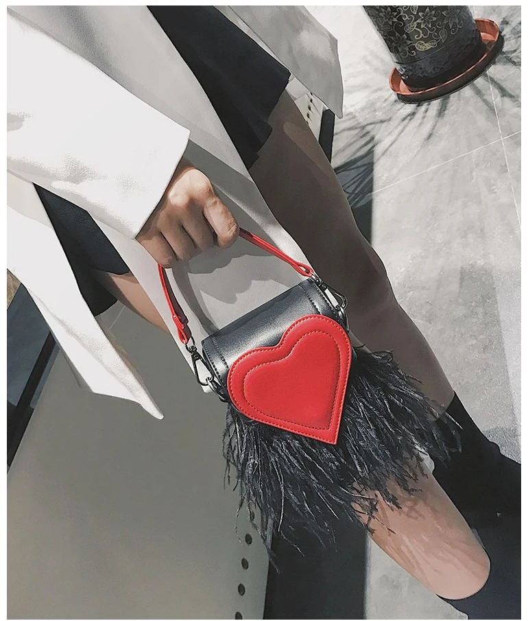 Модная кожаная вечерняя дамская сумочка в форме сердца с перьями сумка на плечо