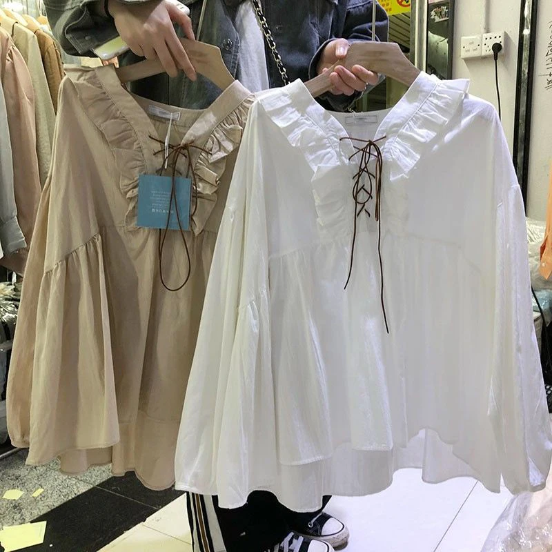 

Женская блузка Bella Philosophy, белая блузка с длинными рукавами, перекрестными шнуровками и V-образным вырезом, с оборками, для весны, 2019