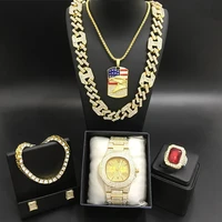 luxury men gold color watch neckalce braclete ring earrings combo set ice out cuban hip hop in crystal neckalce for men